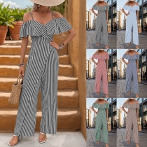 Vertikal Randig Tryckt Volang Off-shoulder Byxdress