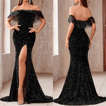 Elegant paljettvolang Off-shoulder Slit Maxi Festklänning
