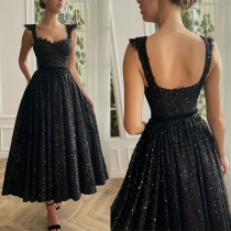 Elegant Bling-bling paljett Axelbandslös Rygglös plisserad festklänning