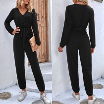 V-ringad Mode Långärmad Jumpsuit