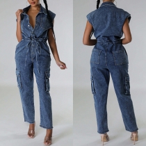 Street Fashion Främre Knäppning Ståkrage Ärmlös sidofickor Självknytande midja Vintage tvättad denim jumpsuit