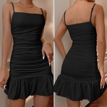 Sexig fyrkantig hals Rygglös Ruched Rufsad Hemline Bodycon Stickad Klänning