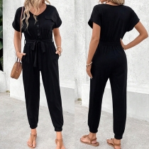 Moderiktig Främre Knappar Rund Hals Kortärmad Självknuten Jumpsuit