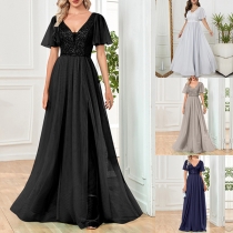 Elegant paljettliv V-ringad kortärmad partyklänning