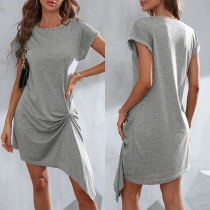 Casual Rund Hals Kortärmad Oregelbunden Hemline Ruched Klänning