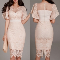 Mode Rund Hals Volang Kortärmad Bodycon Spetsklänning