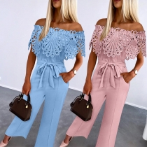 Moderiktig Spets Dekorerad Off-Shoulder Självknyt Rak skuren Jumpsuit