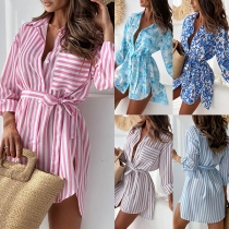 Fashion Stripe Gedrukt/Bloemen Gedrukt Lange Mouw Zelfknoop Shirtjurk