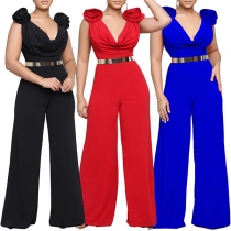Elegant draperad V-ringad 3D Ros Dekoration ärmlös jumpsuit med vida ben
