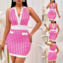 Mode Houndstooth mönstrad knapp V-ringad ärmlös Bodycon klänning