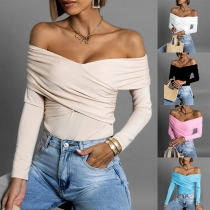 Sexig axelbandslös långärmad slim-fit blus