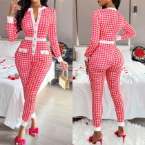 Modetrendig Houndstooth-mönstrad knapp V-ringad långärmad skinny jumpsuit