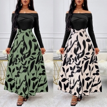 Sexig, off-shoulder klänning med kontrastfärgade tryck, långärmad