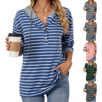Casual Stripe Patterned Drawstring Hooded Long Sleeve Top