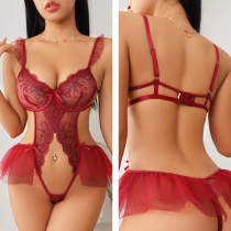 Sexig blommig broderi fram utskuren ruffle lingeri bodysuit