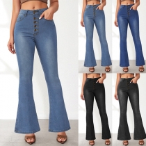 Mode framknapp höghus vintage tvättade denimjeans