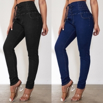 Modesnörning Skinny jeans med hög midja och smockad midja