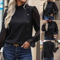 Mock Neck Blus med Genomskinligt Tyll och Knappar