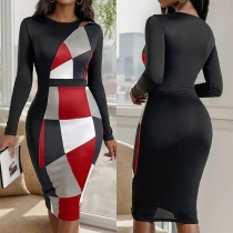 Trendiga Kontrastfärgade Geometriska Mönster Rundhals Långärmad Bodycon Klänning