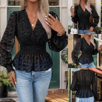 Jacquard-mode Semi-transparent V-ringad långärmad cinch midja blus
