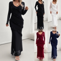 V-ringad Volang Långärmad Bodycon Maxiklänning