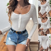 Randig modeknapp kvadratisk hals långärmad bodysuit