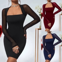 Rund Hals Gaze Splits långärmad Bodycon Klänning