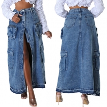 Gatustil Med Sidofickor Främre Slits Vintage Tvättad Jeanskjol
