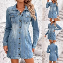 Modestativ krage Långärmad framknäppning Cinch midja Vintage tvättad denimklänning
