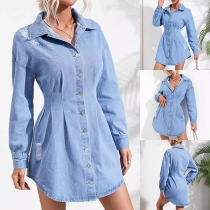 Modest krage Långärmad jeansklänning med cinchad midja