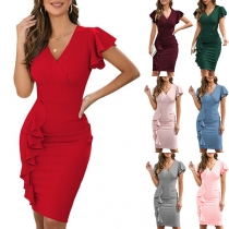 Mode enfärgad V-ringad volangärmad kortärmad Bodycon-klänning