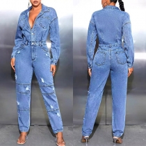 Gatumode Stativkrage Långärmad Främre Knapp Distressed Gammaltvättad Denim Jumpsuit