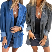 Mode Notch Lapel Långärmad Denimjacka