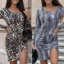 Sexig Leopardmönstrad Fyrkantig Hals Långärmad Slit Bodycon Klänning