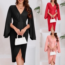 Elegant Enfärgad Slits Långärmad V-ringad Oregelbunden Fåll Bodycon Klänning