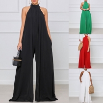 Elegant enfärgad Mock Neck ärmlös jumpsuit med vida ben