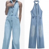 Trendig Halterneck Ärmlös Knapp Framtill Rak Skuren Denim Jumpsuit