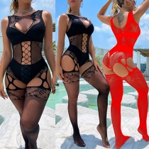Sexig Mesh-nät Främre Utklipp Spets Elastisk Underkläder Teddy