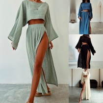 Bekvämt set i bomull och linne, två delar: Crop Top och Slitskjol