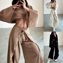 Modernt och Bekvämt Tvådelat Set med Crop Top och Rynkade Vidbensbyxor