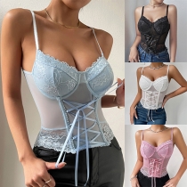 Sexig spetsskarvad gasväv Sweetheart Neckline Cami Korsett-topp med snörning