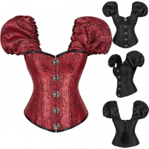 Gotisk stil Jacquard Puff Kortärmad Sweetheart Ringning Fram Knäppning Bak Snörning Korsettblus