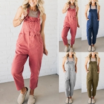 Avslappnad Lös Raka Fickor Åldrat Tvättad Denim Hängselbyxor