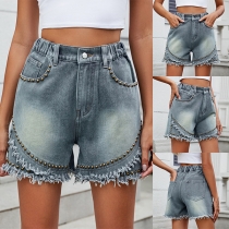 Gatumode Elastisk Midja Nit Fransk Kant Vintage Tvättade Jeansshorts