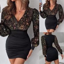 Mode Bling-bling Paljett Spetsad V-ringad Långärmad Rynkad Bodycon Klänning