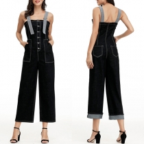 Jeans Hängselbyxa med Framknappar och Fickor Justerbara Axelband