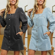 Modern fyrkantig hals långärmad framknappar sidofickor vintage tvättad denimklänning