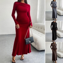 Elegante Vestido Ajustado de Manga Larga con Hombro Descubierto y Volante en el Bajo