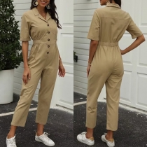 Moderiktig Notch Lapel V-ringad Kortärmad Främre Knäppning Jumpsuit