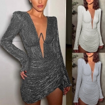 Sexig paljett Push-up Bygel V-ringad Ruched Asymmetrisk nederkant Bodycon Festklänning